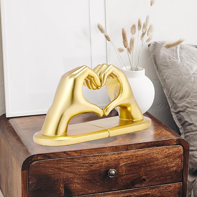 Book Ends Heart Design for Mom, Gold Bookends for Shelves, Non-Skid Bookend, Heavy Duty Resin Book Stopper for Books, Decorative Holder, Gifts for Mother's Day 10.43 x 3.93 x 5.51’’, Gold