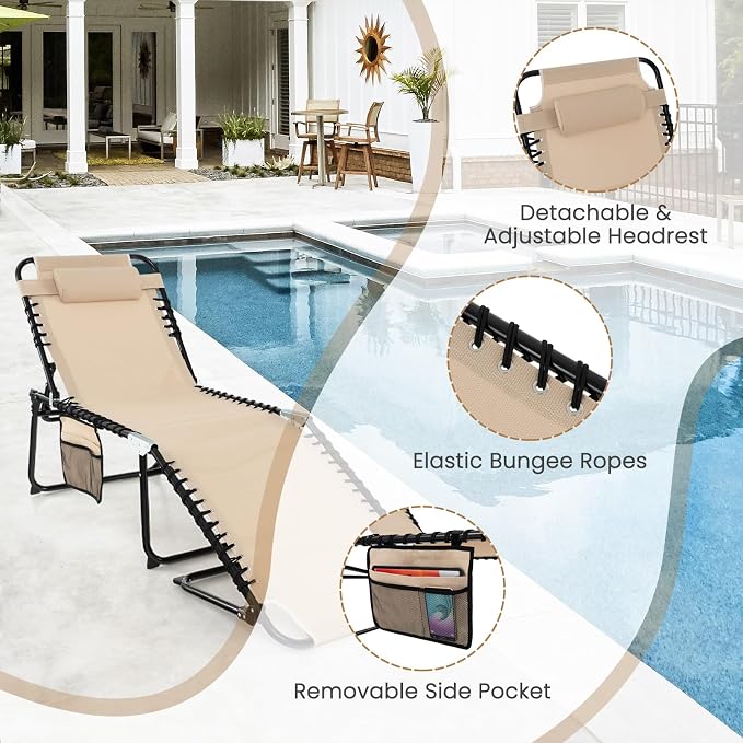 GYMAX Lounge Chairs for Outside, Extra High Folding Beach Tanning Lounger with Adjustable Backrest, Footrest & Removable Pillow, Sunbath Lounge for Patio, Lawn, Poolside (1, Beige with Pocket)