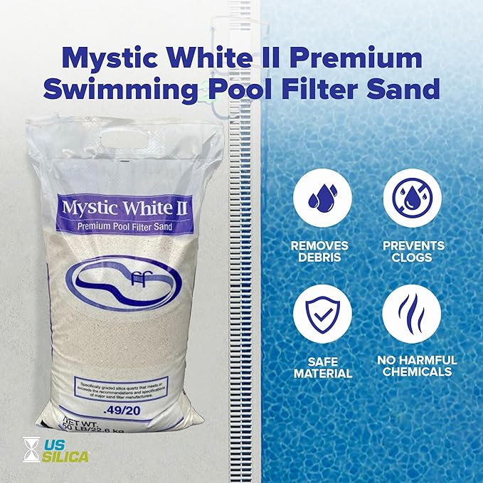 5 Pack Mystic White II Sand for Above Ground and Inground Pool Filter Pumps, 50 Lb - Accessories and Supplies for Swimming Pool System Cleaning and Maintenance