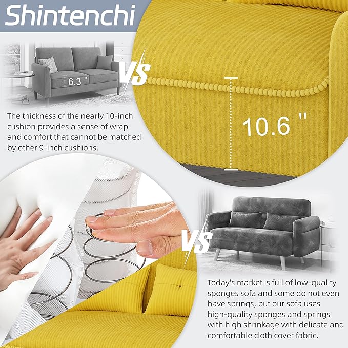 Shintenchi 47" Small Modern Loveseat Couch Sofa, Fabric Upholstered 2-Seat Sofa, Love Seat Furniture with 2 Pillows, Wood Leg for Small Space, Living Room, Bedroom, Apartment, Yellow