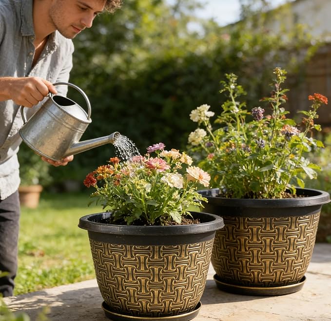 Nooulap 8 Inch Plant Pots, 4 Pack Flower Pot Outdoor with Drainage Holes & Trays, Retro Antique Imitation Decorative Garden Plastic Planters Pots for Plants Indoor Sets for Houseplants