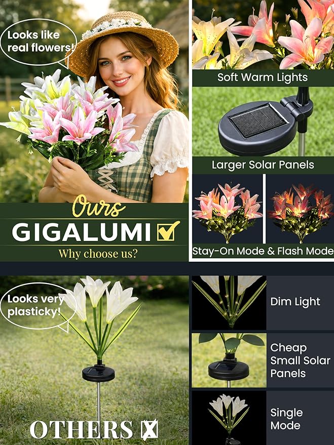 GIGALUMI Solar Garden Lights, 4Pack LED Lily Garden Decor Carefree Solar Flowers Outdoor Waterproof, Yard Decorations Outdoor, Allergy-Free Light up Flowers for Yard Patio (2Pink,1White,1Yellow)