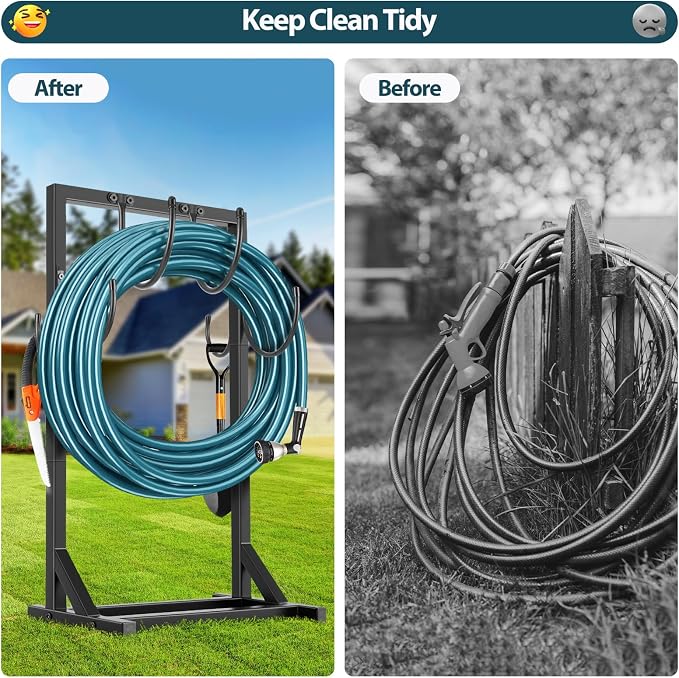 Garden Hose Holder Stand, BOLITE Heavy Duty Metal Hose Hanger, Holds 150ft | Freestanding & Detachable Water Hose Holder for Outside, 4 Spikes & 2 Tool Hooks, Storage Rack for Outside Yard Lawn Farm