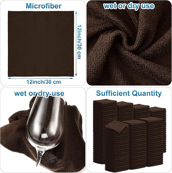 Tenare 100 Pack 12'' x 12'' Microfiber Cleaning Cloths Reusable Cleaning Rags Bulk Microfiber Towels Softer Highly Absorbent Washcloths for House Kitchen Car Window(Brown)