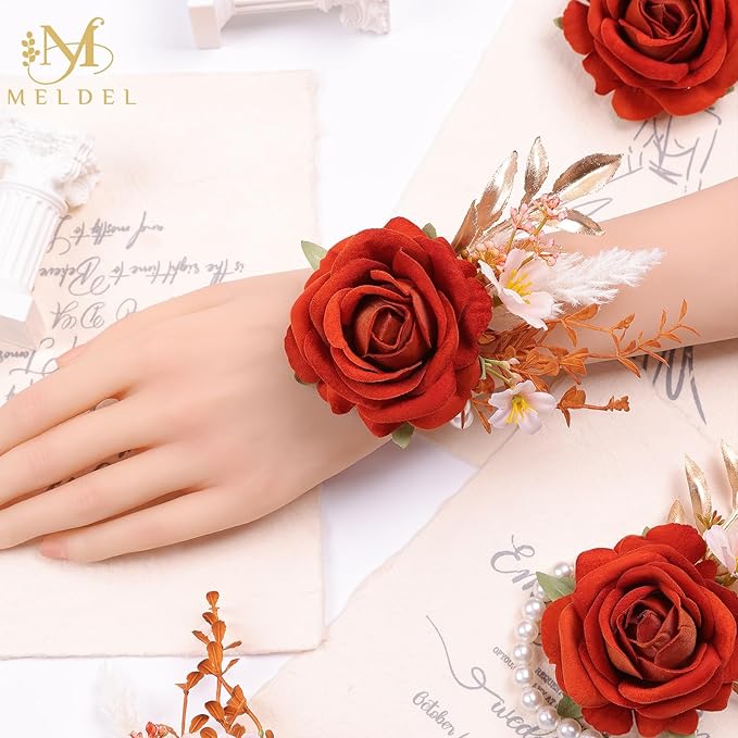 Meldel Orange Velvet Rose Wrist Corsage, Set of 6, Wedding Bridal Flower Corsage Hand Decor for Prom Party Homecoming, Wristband Flowers Bride, Bridesmaid, Girl