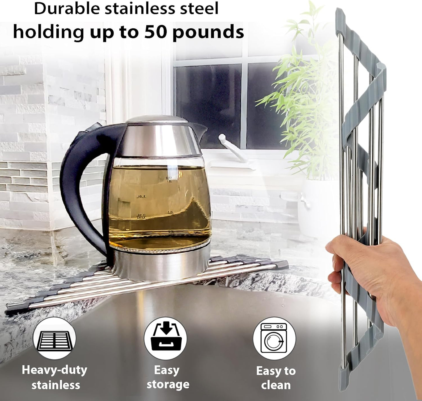 Roll Up Sponge Holder for Counter, Sink Organizer for Kitchen, Bathroom, Laundry Room, 304-Stainless Steel Sink Organizer for Sponge, Brush, Scrubber, Soap Dispenser Holder, Dish Drying Rack (Gray)