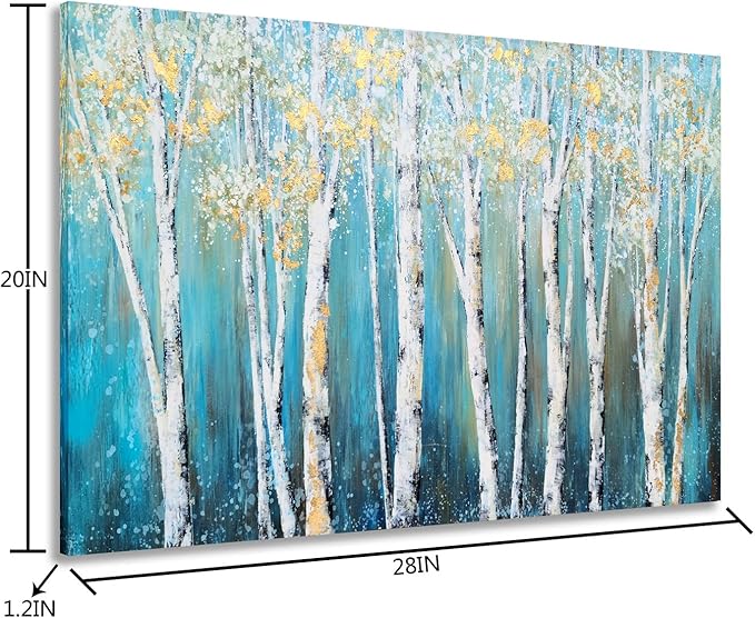 Yihui Arts Birch Tree Canvas Wall Art Hand Painted Teal and White Color Painting