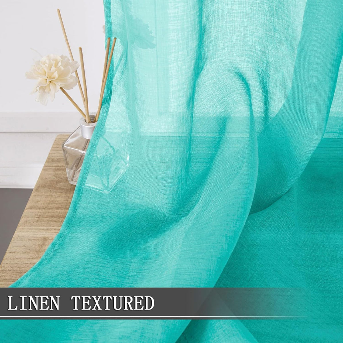 Tollpiz Short Sheer Curtains Living Room Linen Textured Curtain Sheers Light Filtering Voile Rod Pocket Curtains for Bedroom, 38 x 45 inches Long, Aqua Blue, Set of 2 Panels