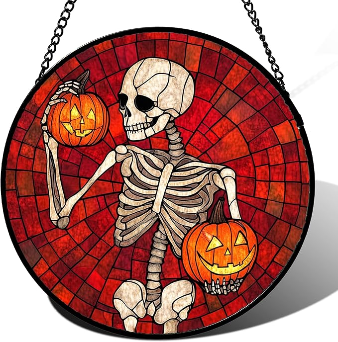 Stained Glass Window Hanging - Halloween Decorations Skeleton Pumpkin Suncatcher for Doors Garden Indoor Spooky Funny Sun Catchers Gothic Decor Horror Gifts for Women Men Friend 6.3 in