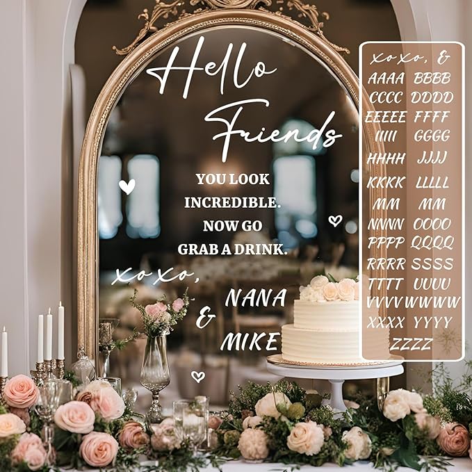 Personalized Wedding Welcome Sign Decals for Mirror Selfie Mirror Vinyl Decal for Wedding Party Entry DIY Bride and Groom Names Stickers Hello Friends Sign Decal for Seating Chart Board Backdrop Decor
