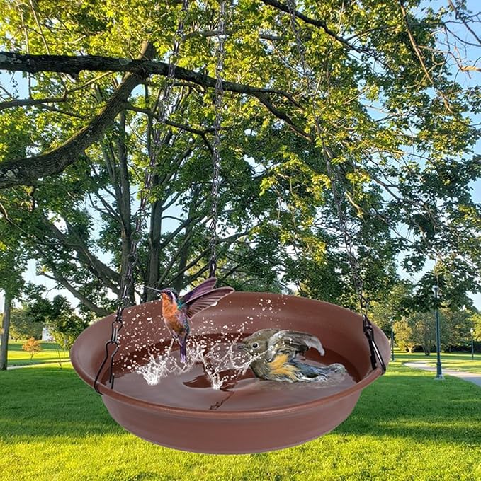 VUWEZ Hanging Bird Bath, Hanging Bird Water Feeder for Outdoors, Feeder Bowl, 1 Pack Birdbath Tray Accessories for Outside, Plastic Birdbaths Tray for Garden Patio Decoration (12", Chocolate)