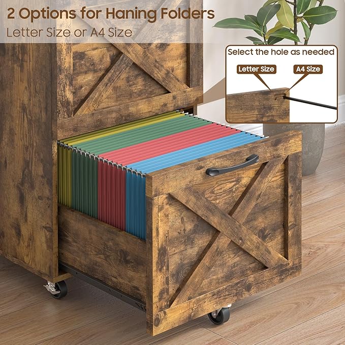 2 Drawer Small File Cabinet with Wheels, Farmhouse Vertical Filing Cabinet Fits A4 or Letter Size, Under Desk Rolling File Cabinets for Home Office, Wooden Printer Stand, Brown