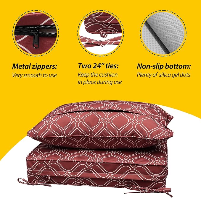 AAAAAcessories Outdoor Seat Cushions for Chairs, Fade-Resistant, Waterproof Patio Furniture Replacement Cushions, 25.5" x 25.5" x 5" + 25.5" x 19", Clay Red Vine Trellis