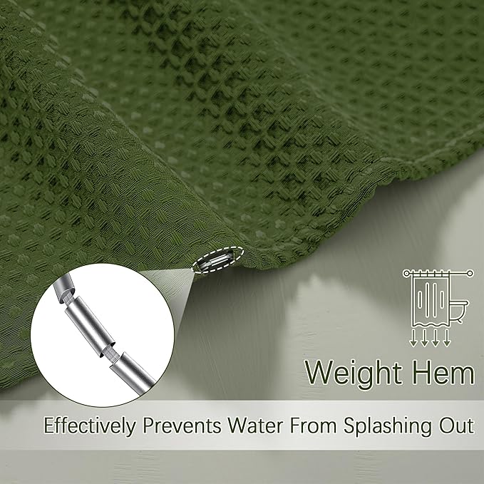 Green Shower Curtain for Bathroom Waffle Textured Heavy Duty 78 Inch Shower Curtain Set for Bathroom, Water Repellent 256GSM Neutral Fabric Shower Curtains with 12 Metal Hooks, 72Wx78H