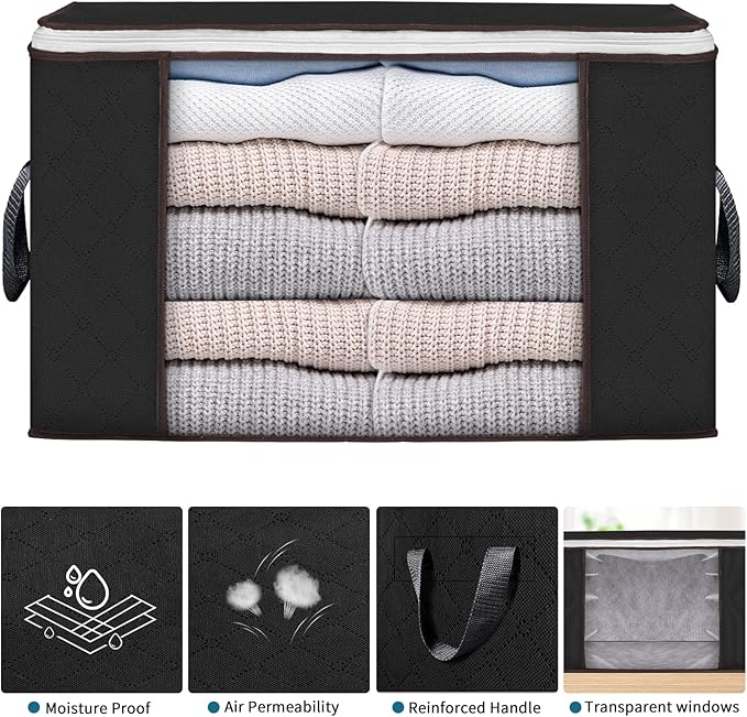 Large Storage Bags, 8 Pack Clothes Storage Bins Foldable Closet Organizers Storage Containers with Durable Handles Thick Fabric for Blanket Comforter Clothing Bedding 90 L (Black)