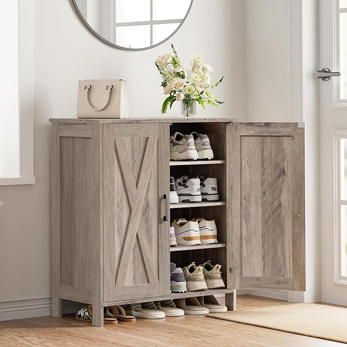 Farmhouse Shoe Cabinet with 2 Barn Doors & Wood Legs, 5-Tier Shoe Storage Cabinet with 3 Adjustable Shelves, Tall Shoe Rack Organizer for Closet, Shoe Organizer for Entryway, Hallway, Greige