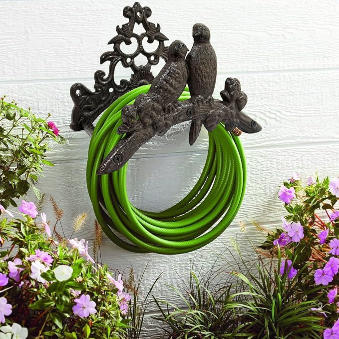 Garden Hose Holder Cast Iron Heavy Duty Water Hose Hanger, Outside Wall Mount, Solid Metal Decorative Rack/Organizer/Stand, Easy to Install, Hold Up to 50/75/100 ft (Hose holder - 2 Birds)