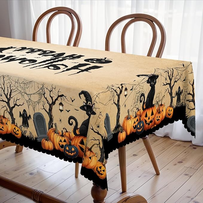 Eikione Rectangular Tablecloth 140x180inch, Halloween Pumpkin Bat Tablecloth Waterproof and Wrinkle-Free, Table Covers, Summer Decorations for Home Dining