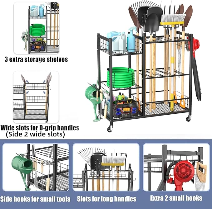 WALMANN Large Garden Tool Organizer with Wheels for Garage, Rakes/Shovels/Yard Tools Storage Stand for Yard, Garden, Indoor/Outdoor Long-Handled Tools Rolling Cart(Tool stand with shelves)