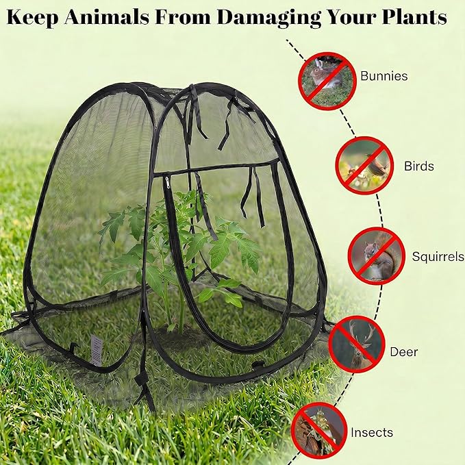 Plant Covers Pop up Gardening Net Cover,Insect Bird Barrier Netting Mesh Plant Netting Pest Guard Cover with Zip Entry for Plants, 2-Pack, Black (Black- 2 Packs)