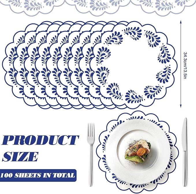 100 Pcs Talavera Paper Placemats 13.5 Inches Scalloped Cantaritos De Barro Mexicanos Paper Placemats Disposable Blue and White Party Decorations for Mexican Wedding Baby Shower Party Decor