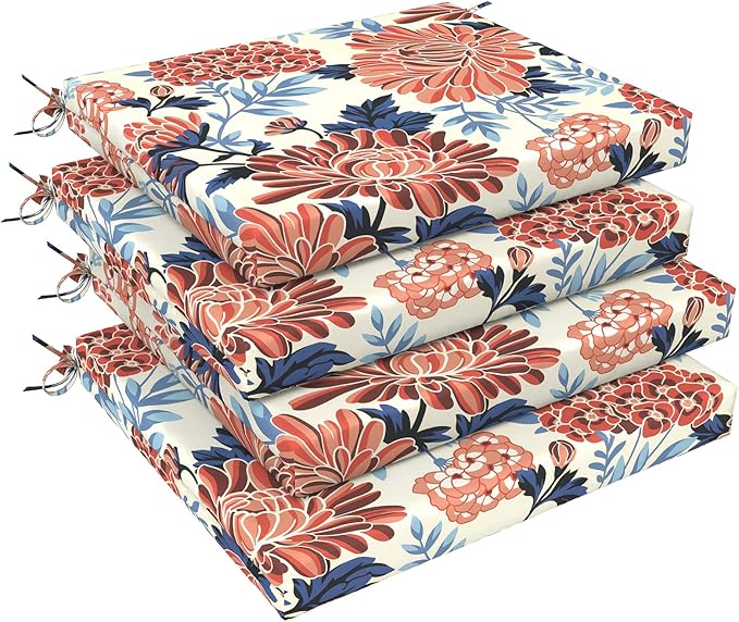 LVTXIII Outdoor Chair Cushions, Fade-Resistant Patio Furniture Cushions Outdoor Chair Pads with Ties for Dining Chairs and Garden Furniture Use, 18.5"x16"x2" 4 Pack, Red Chrysanthemum