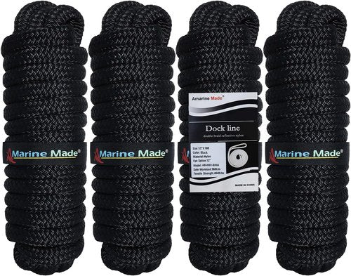 Amarine Made Dock Lines - 1/2” X 15’ Nylon Boat Ropes | 4pcs with 12” Eyelet & 968lbs Working Load - Black