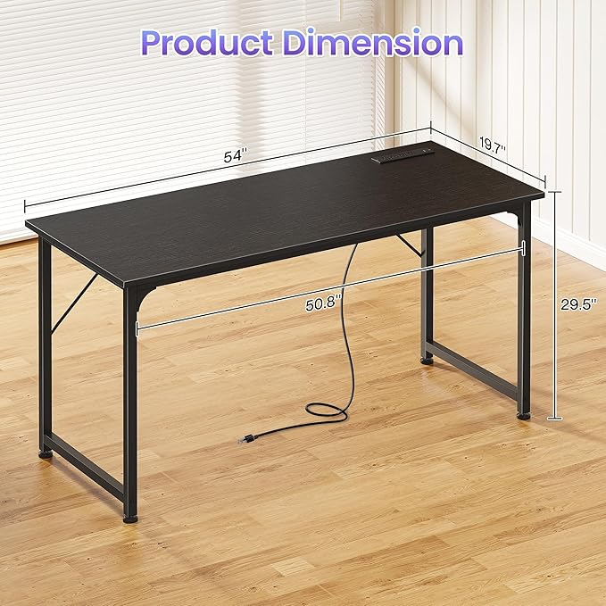 PRAISUN 55 X 20 Inch Office Computer Desk with Power Outlets and USB-C Port, Larger and Longer Gaming Desk, for Home Office, Study, Bedroom, Writing Work from Home Table, Metal Frame, Black