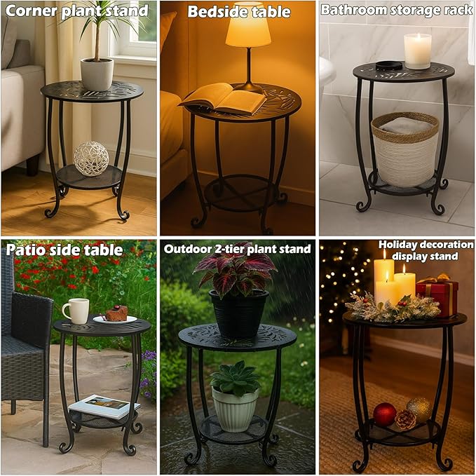 2-Tier Metal Round Side Table Set of Two Black Accent Coffee Tables Small Space Corner Plant Stand Shelf for Indoor Outdoor Porch Patio Balcony Living Room End Table with Storage Weather-Resistant