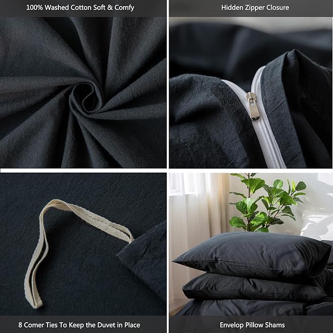 MooMee Bedding Duvet Cover Set 100% Washed Cotton Linen Like Textured Breathable Durable Soft Comfy (Solid Black, Oversized Queen 98"x98")