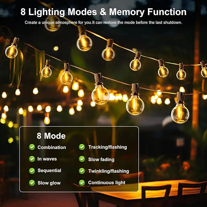 G40 Solar String Lights Outdoor with Remote 30 FT, USB & Solar Dual Charging, Waterproof, 8 Modes 3 Timers, 10+1 LED Shatterproof Bulbs, Dimmable Solar Light for Camping Backyard Bistro Porch Garden