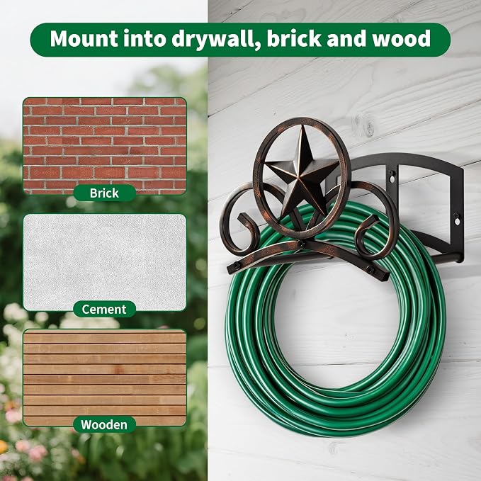 Garden Hose Holder Wall Mounted Decorative, Heavy Duty Metal Hose Hanger for Outside, Sturdy Water Hose Rack Holds 125-Feet of 5/8-Inch Hose, Water Hose Hooks