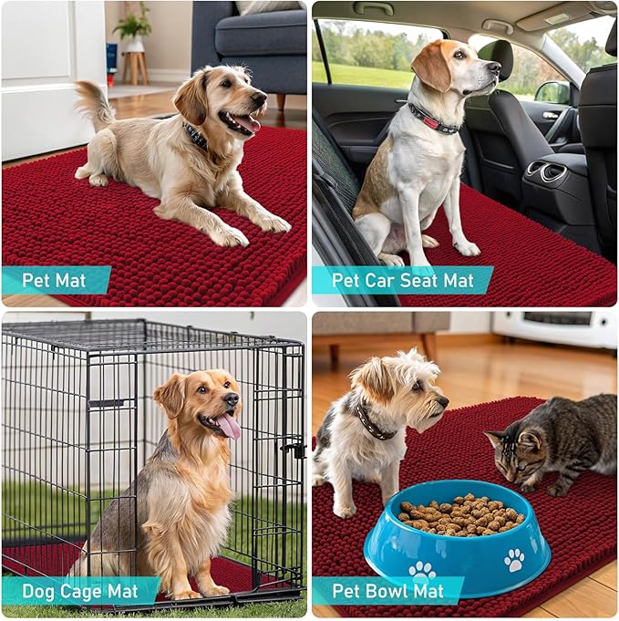 OLANLY Dog Door Mat for Muddy Paws 54x32, Absorbs Moisture and Dirt, Absorbent Non-Slip Washable Doormat, Quick Dry Chenille Mud Mat for Dogs, Entry Indoor Entryway Carpet for Inside Floor, Red