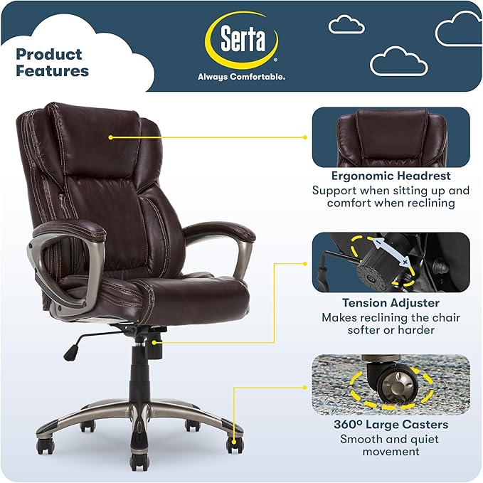 Serta Garret Executive Office Chair, Ergonomic Mid-Back with Lumbar Support, Semi-Plush Cushion and Body Pillows, Padded Armrests, Swivel Base, Bonded Leather, Brown
