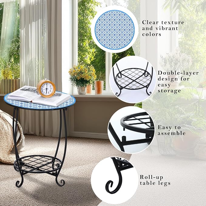 Cinnvoice Outdoor Side Table Round Small Mosaic Patio Accent Indoor End Plant Coffee Tea Table for Yard Patio Porch Garden Living Room, Bedroom(Blue Tile Style,14 Inch)
