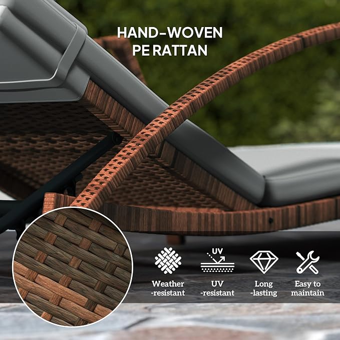 Outsunny Wicker Chaise Lounge Chair Outdoor Set of 2, 5-Position Adjustable Reclining Pool Lounge Chairs with Wheels, Rattan Outdoor Lounger with Cushion, Armrests for Poolside Beach Backyard, Gray