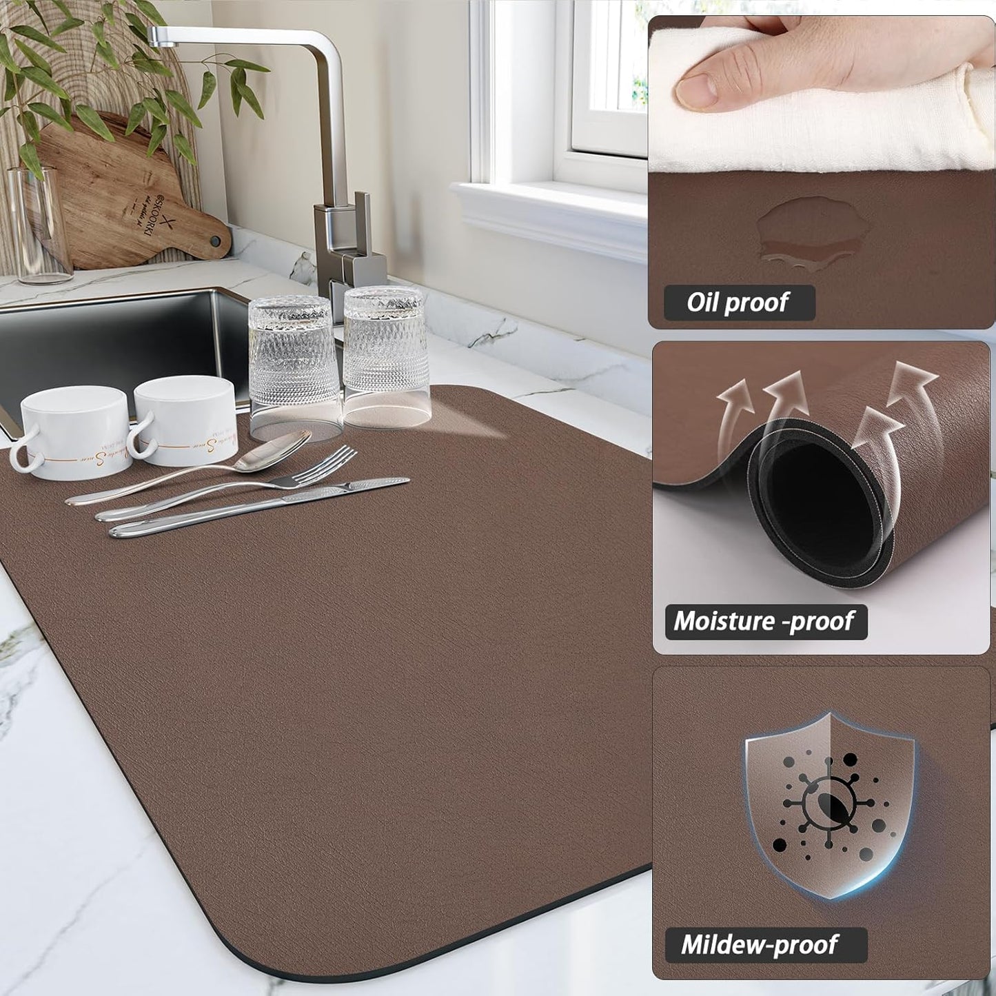 Dish Drying Mat for Kitchen Counter, Heat Resistant Drainer Mats with Non-slip Rubber Backed, Hide Stain Kitchen Super Absorbent Draining Mat, Easy to Clean Dish Rack Pad, Brown 16"x18"