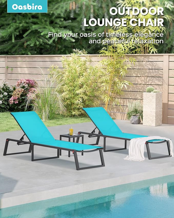Aluminum Chaise Lounge Chair Outdoor, Foldable& No Assembly Patio Pool Lounge Chairs 5-Position Recliner for Outside, Fully Grounded Legs Sun Lounger for Poolside, Lake Blue, 2 Pack