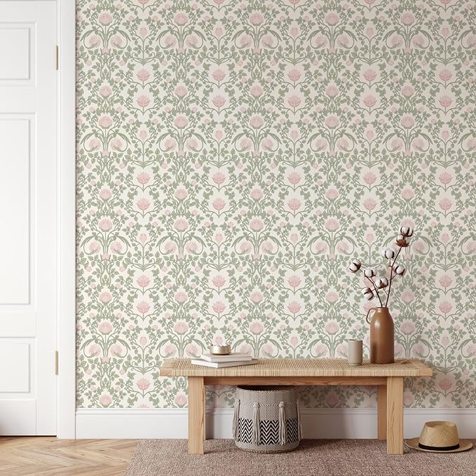 YXTII 590.5" × 17.3" Floral Wallpaper Peel and Stick Pink and Green Wallpaper