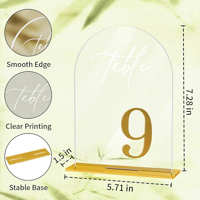 Arch Wedding Table Numbers 1-10 with Stands, Elegant Gold Number 5.5 x 7” Arch Acrylic Signs with Holders, Clear Acrylic Table Numbers for Wedding Reception, Anniversary, Party, Events