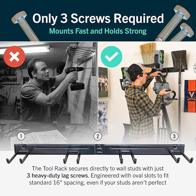StoreYourBoard Wall-Mounted Rack With 4 Garage Hooks – Heavy-Duty Steel Holder Garage & Garden Storage for Shed, Workshop, or Home Organization – For Rakes, Shovels, Tools & More – 1 Pack, Deep Water
