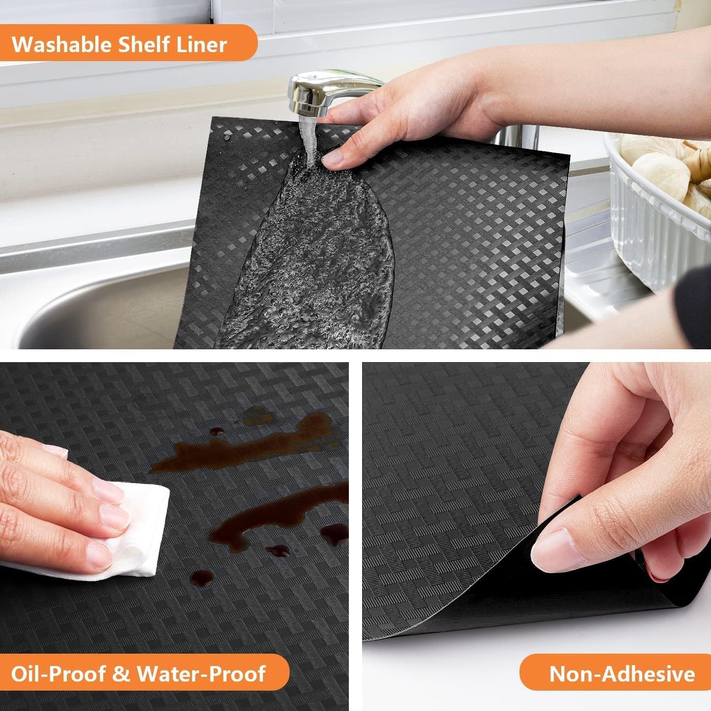 Black Shelf Liners for Kitchen Cabinets Refrigerator Liners Waterproof & Oil-Proof Kitchen Cupboard Liner Non-Slip Drawer Mats EVA Material Non Adhesive Fridge Liner for Shelves 35.4 x 236.2 Inches