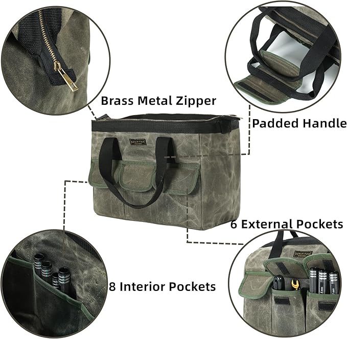 15 Inch Tool Bag, Heavy Duty Waxed Canvas Wide Mouth Water-Resistant Tool Pouch, Garden Tool Tote with 15 Pockets | ArmyGreen