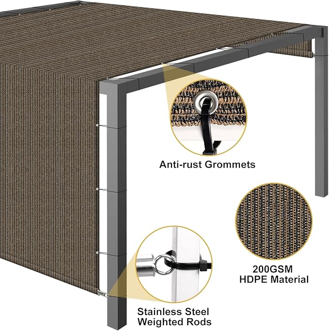 Shade&Beyond 8'x16' Pergola Shade Cover with Weighted Rods & Grommets, 90% UV Block Outdoor Sun Shade Cloth Canopy Replacement Cover for Patio Porch, Mocha