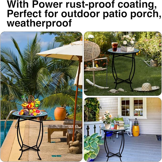 Fashion&cool Small Outdoor Side Table, 14" Round Patio Side Table, Weather Resistant Metal Desk End Table Side Table for Patio Yard Porch Balcony Garden Bedside, Plant Stand for Indoor Outdoor