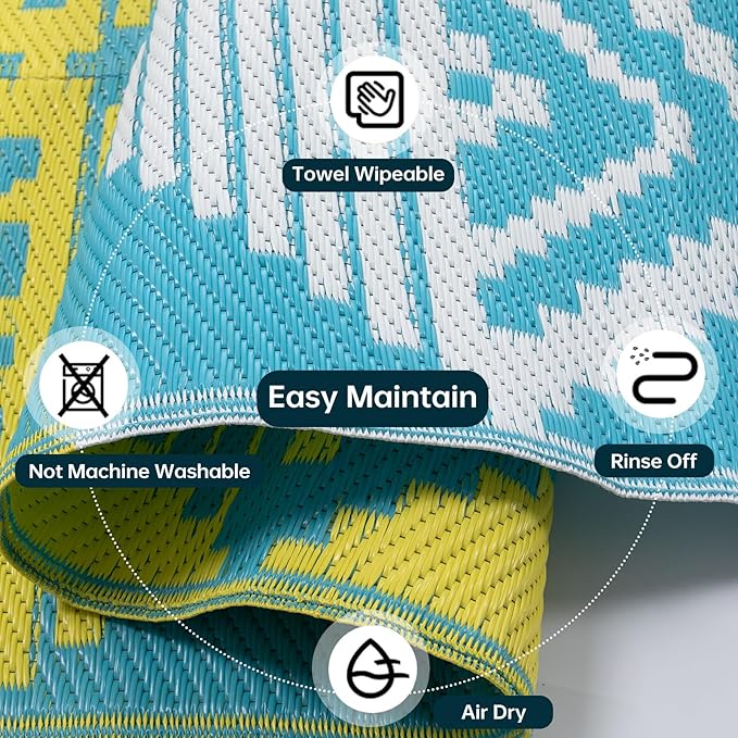 Beeiva Outdoor Rugs 9x12 for Patios, Waterproof Reversible Plastic Straw Patio Mat, Modern Geometric Foldable Outdoor Rug for Camping, Porch, Deck, Backyard, Balcony, Picnic - Blue & Yellow
