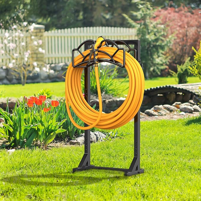 Garden Hose Holder Reel, Upgraded Metal Hose Reels Holds 150ft Hose, Heavy Duty Freestanding Water Hose Holders, Detachable Hose Storage Hanger for Outside - Fan-Shaped
