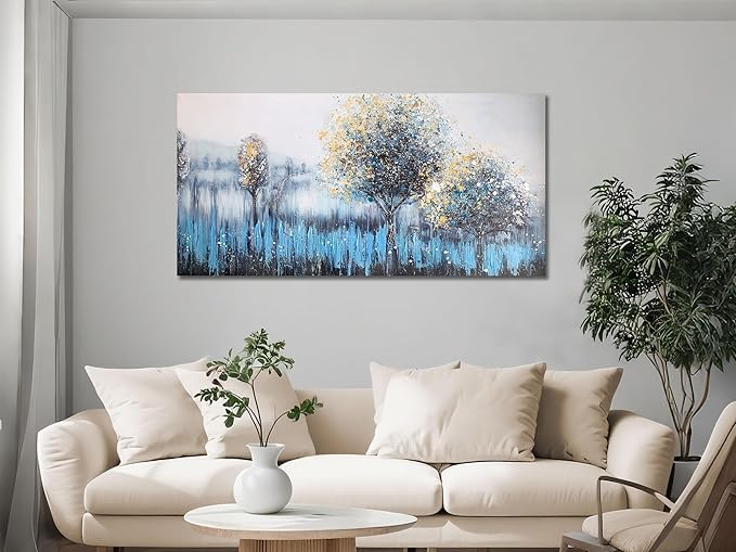 Arjun Tree Wall Art Canvas Teal Landscape Painting Blue Forest Textured Picture Modern Panoramic Abstract Nature Artwork Large Size Framed for Living Room Bedroom Bathroom Home Office Wall Decor