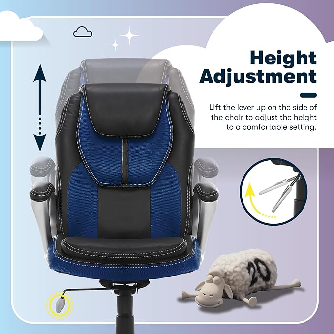 Serta Amplify Executive Office Chair with Faux Leather and Mesh, Adjustable Ergonomic Comfy Seat with Lumbar Support, Modern Computer DeskChairs, Swivel Rolling Wheels, Blue