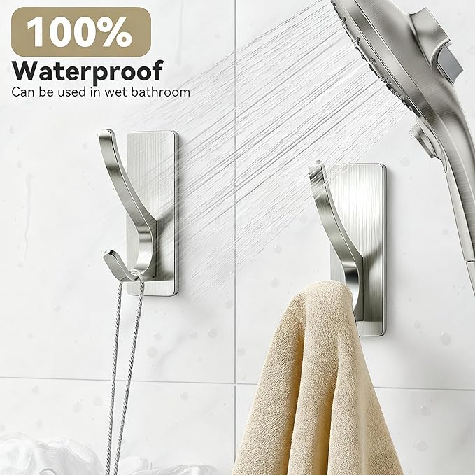 pickpiff Self Adhesive Coat Hooks for Hanging: Heavy Duty Stainless Wall Hook for Towel, Backpack, Hat, Sturdy Metal Hanger for Bathroom, Bedroom, Door, Brushed Nickel 4 Pack